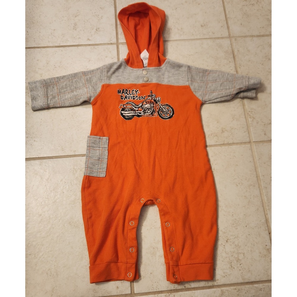 Harley Davidson Baby Boys Orange Gray Thermal Hooded Romper One Piece 12M